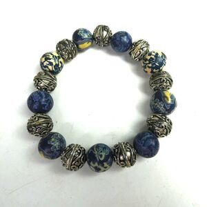 Adjustable Blue Round Beaded Bracelet Filigree Floral Silver Tone Yellow Beads